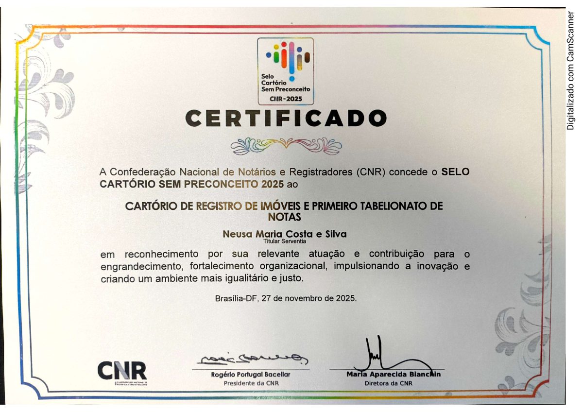 Certificado do Selo Cartório Sem Preconceito 2025, concedido pela CNR em Brasília em 27 de novembro de 2025
